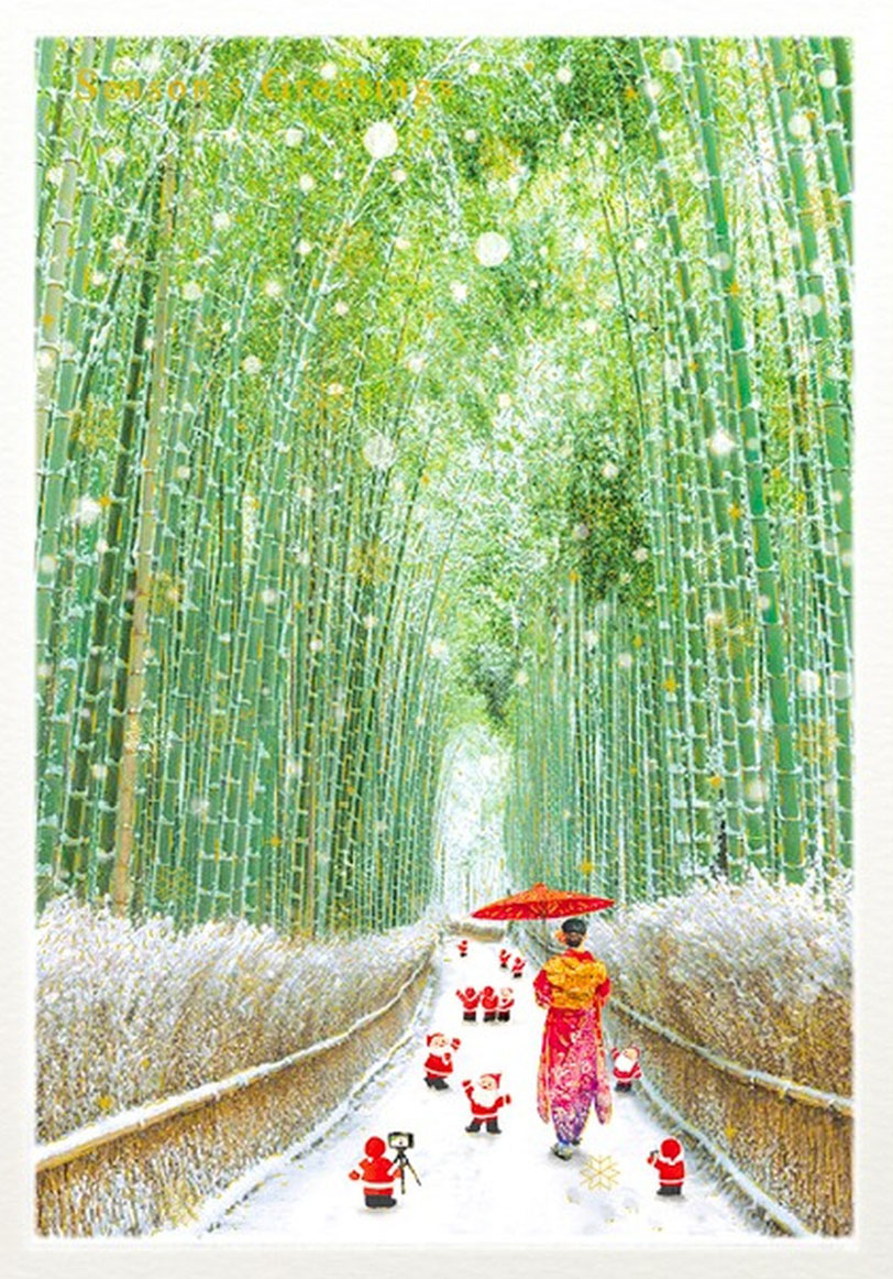 竹林の道 Road of bamboo forest のミニサンタカードのイラスト。雪の嵐山竹林の道を歩く舞妓とサンタたち
