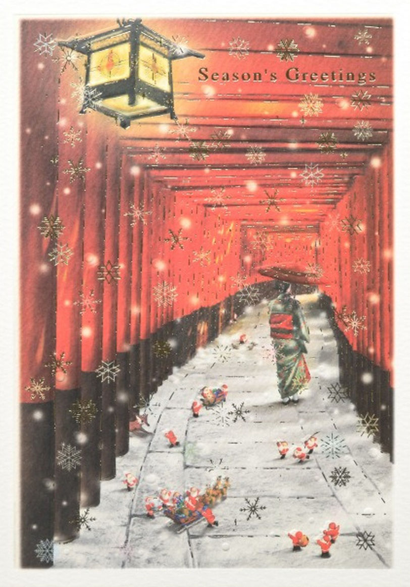 伏見稲荷大社 Fushimi Inari Shrine のミニサンタカードのイラスト。千本鳥居を歩く着物姿の女性とサンタたち