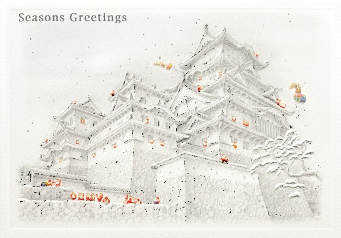 姫路城 Himeji Castle のミニサンタカードのイラスト。雪化粧の姫路城とサンタたち