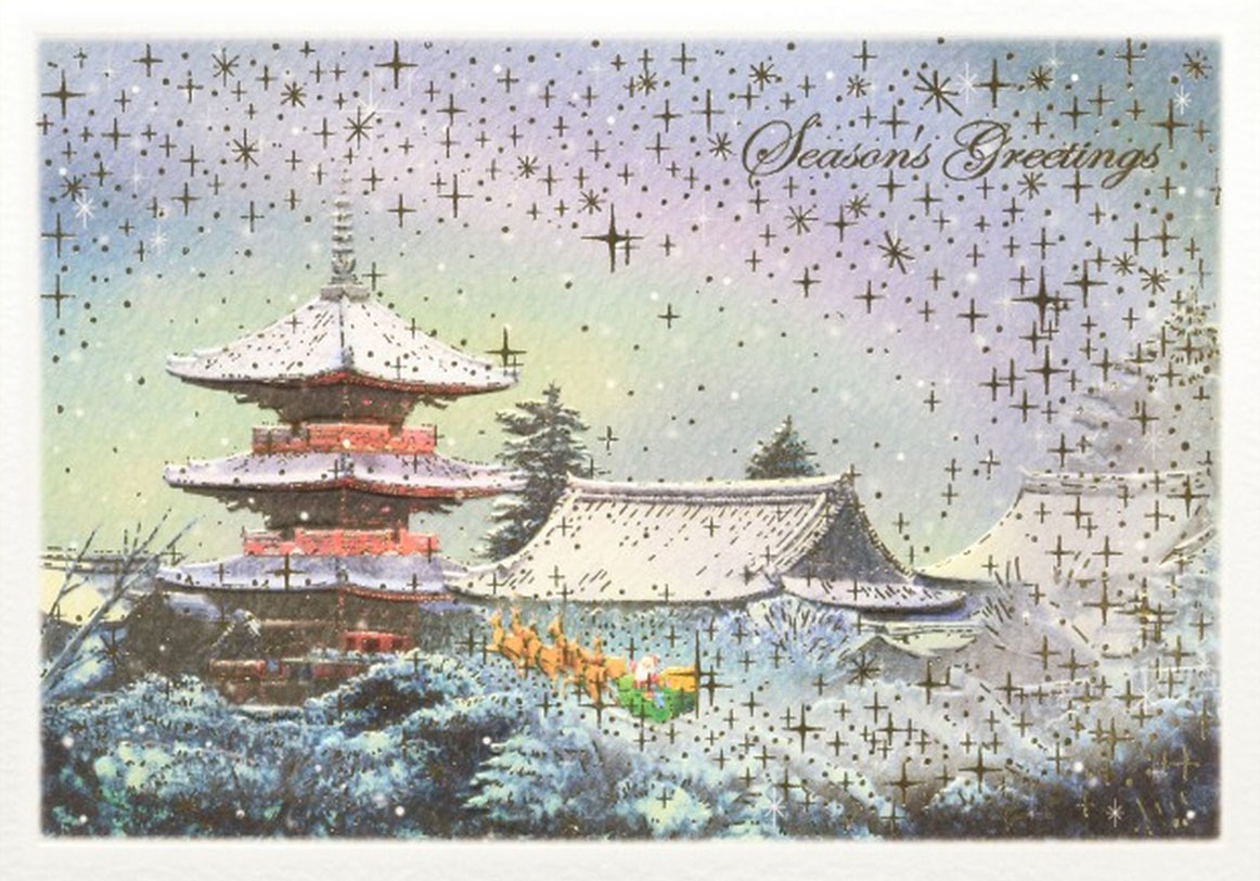 清水寺２ Kiyomizu Temple のミニサンタカードのイラスト。星空の下そりで向かうサンタたち
