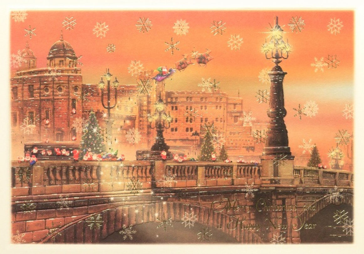 日本橋 Nihonbashi のミニサンタカードのイラスト。夕暮れの日本橋とサンタたち