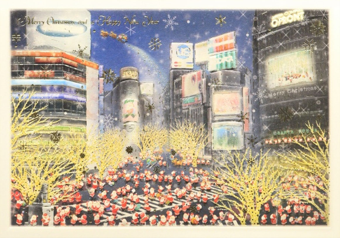渋谷 Shibuya のミニサンタカードのイラスト。渋谷スクランブル交差点とサンタたち