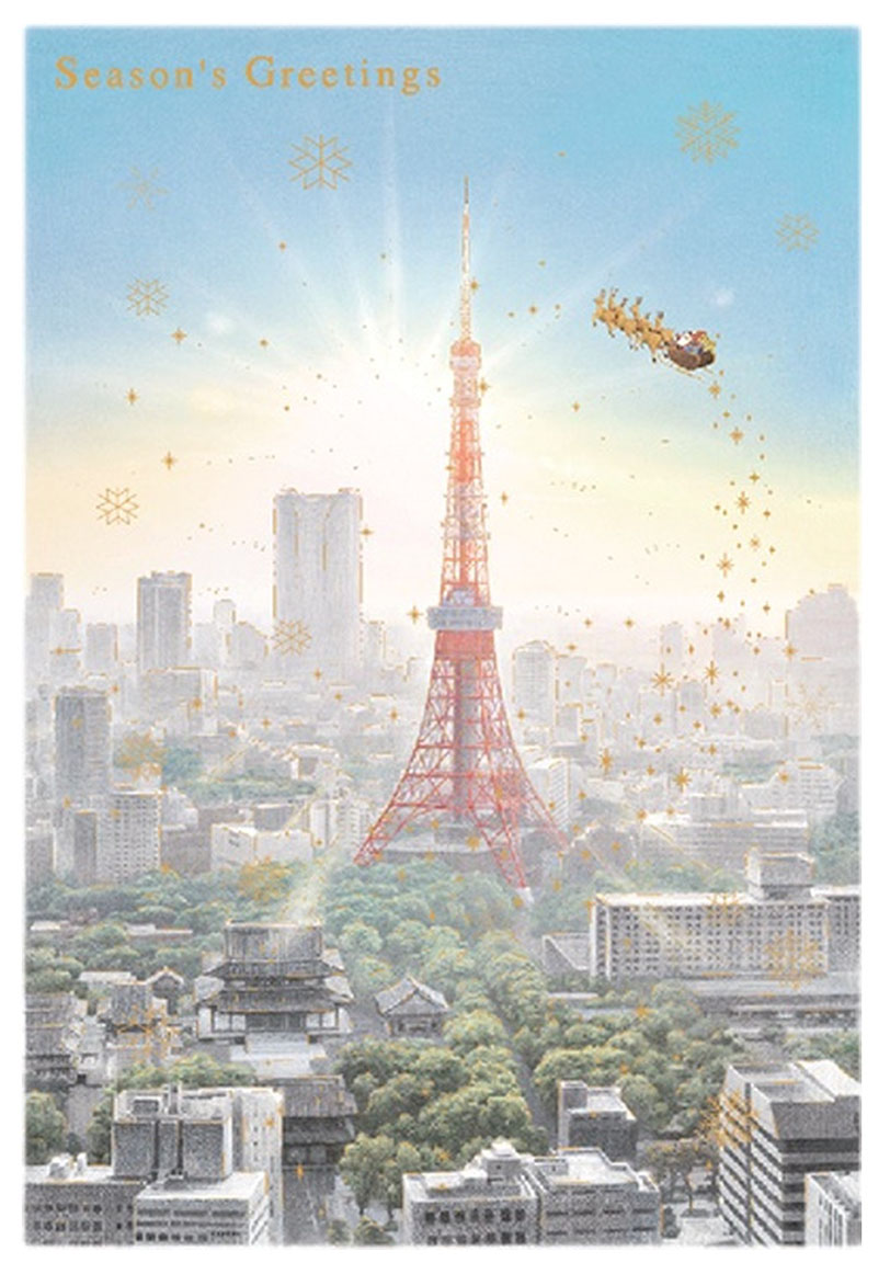 東京 朝日 Sunrise at Tokyo のミニサンタカードのイラスト。朝日に輝く東京タワーとサンタのそり