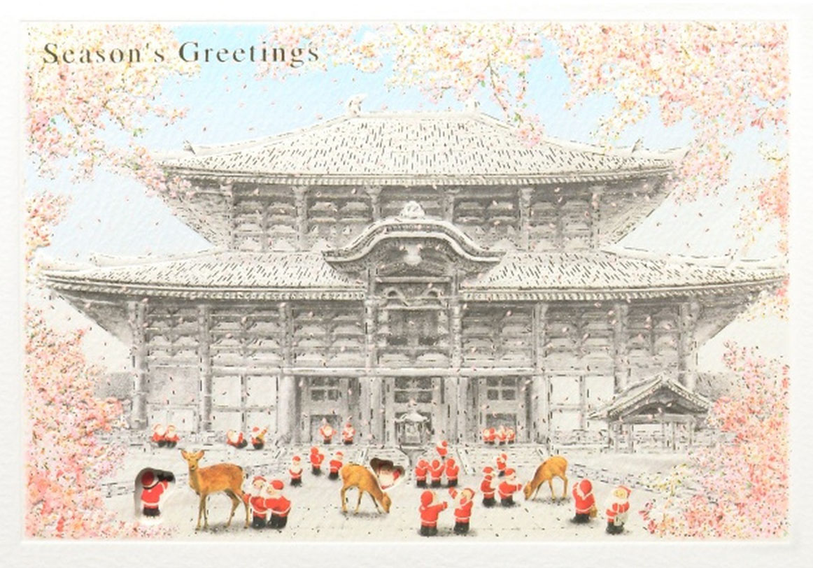 東大寺 Toudai Temple のミニサンタカードのイラスト。鹿とサンタたち、桜咲く東大寺
