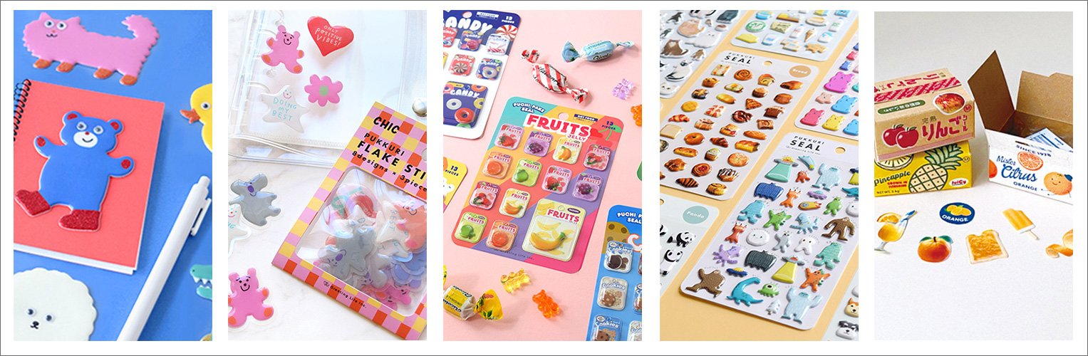 STICKER MARTで展開中のシール5種。トイステッカー、ぷっくりフレークシール、プチパケシール、ぷっくりシール、ハコシールの商品イメージ